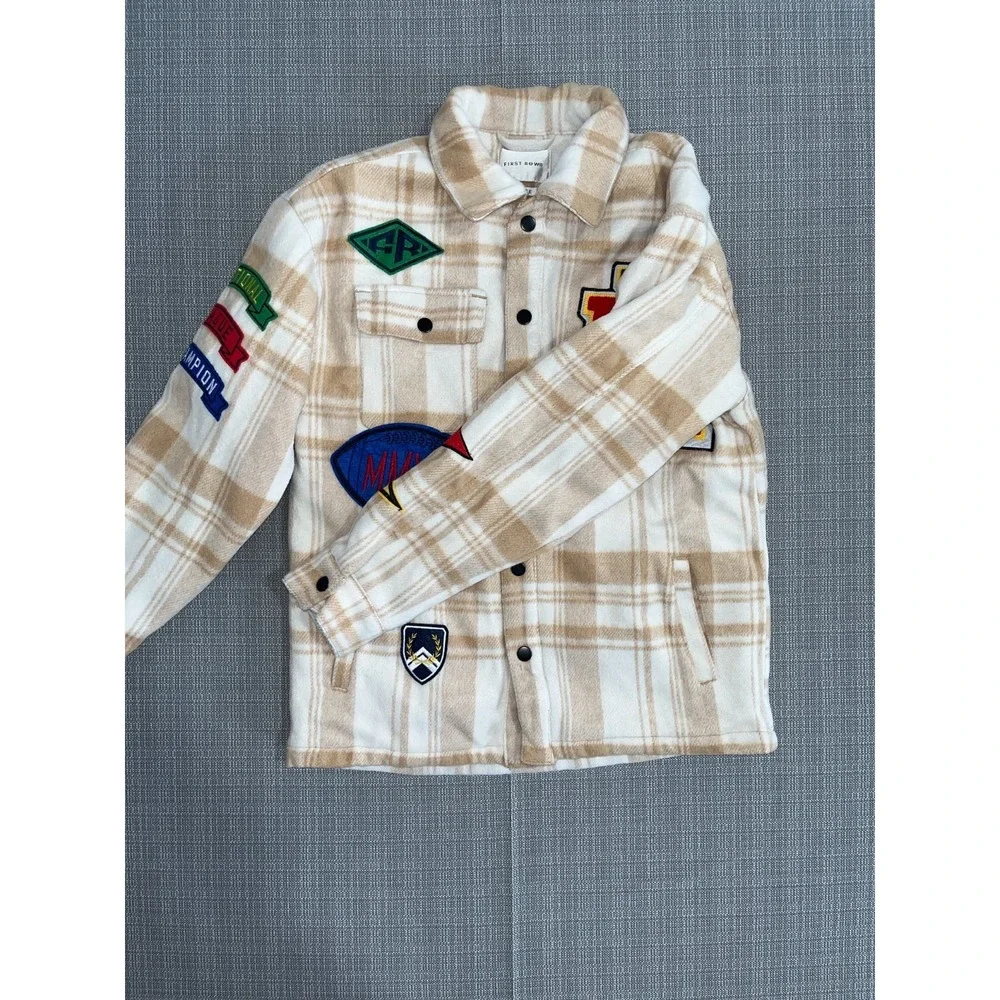 First Row Padding Shacket Mens Large Beige White Check Multi‎ Patches Wool Lined